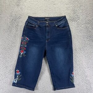 Beyond Us Jeans Womens 16 Blue Cotton Denim Capri Workwear Floral Faded Stretch